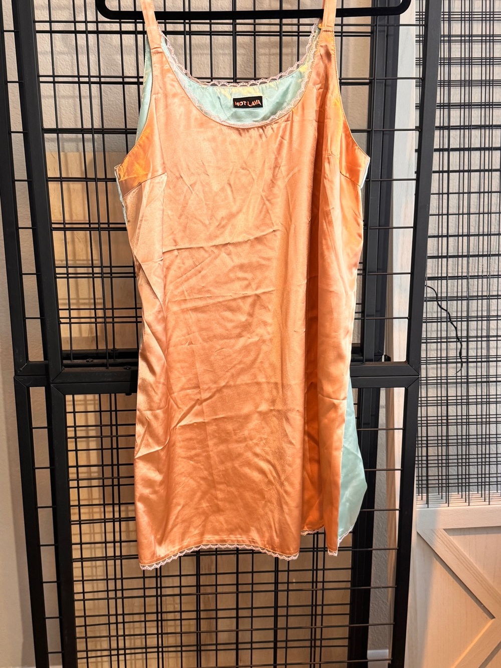 Peach Satin Asymmetrical Slip Dress with Mint Lining